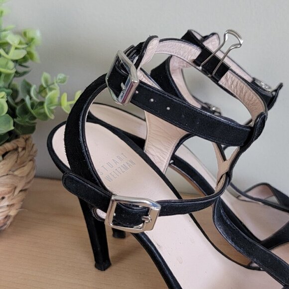 Stuart Weitzman T Strap Black Suede Double Ankle Buckle Strappy Heels Sandals - Picture 7 of 16